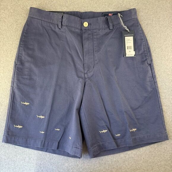 Vineyard Vines Club Shorts Size 34 Blue Shiver of Shark Print‎ Chino Mens Prep - Picture 1 of 12
